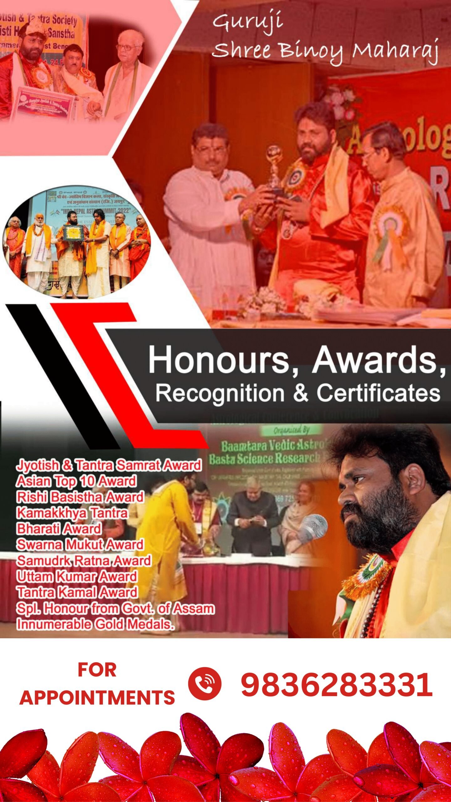 Guruji Shree Binoy Maharaj receiving awards and certificates from dignitaries.