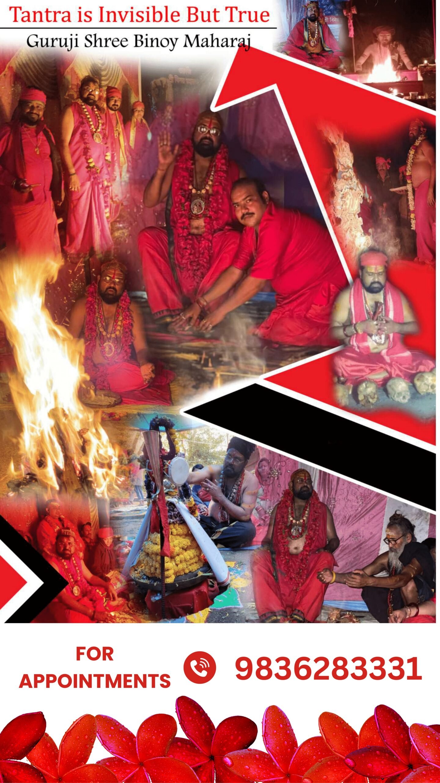 Guruji performing tantra sadhana with fire rituals in red attire – surrounded by disciples.