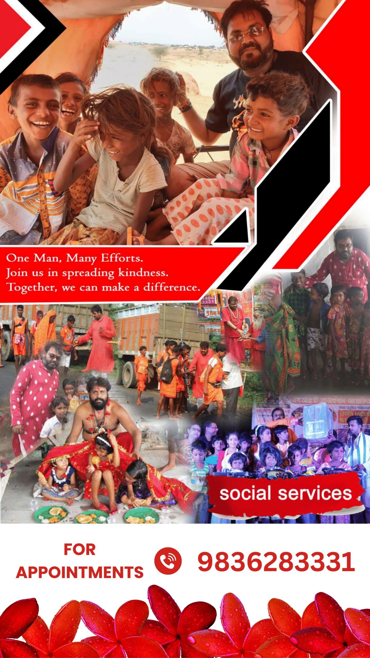 Guruji Shree Binoy Maharaj interacting with children, distributing food, and supporting pilgrims.Guruji Shree Binoy Maharaj interacting with children, distributing food, and supporting pilgrims.